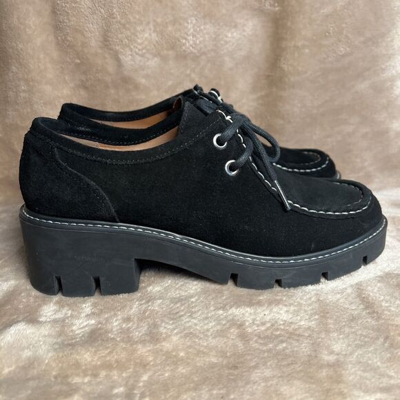 Golo Maux Black Nappa Leather Chunky 2" Heel Lace Up Moccasin Toe Women's Sz 8.5 - Picture 1 of 8